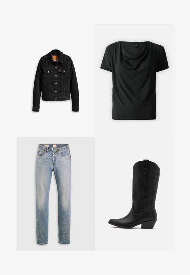 Veste en denim noir avec deux poches poitrine à l'avant, fermetures à boutons argentés et col classique. Texture lisse avec des détails de couture contrastants.; Haut noir à manches courtes avec un col bénitier, fabriqué en tissu doux. Présente une coupe décontractée et une texture lisse. Aucune fermeture visible ni motif.; Jean en denim bleu clair à taille haute, jambe droite et motifs décoratifs de perles le long des coutures extérieures. Design à cinq poches et boutons.; Botte de cowboy en cuir noir avec un bout pointu, un talon bas empilé et un motif de feuilles embossé complexe sur la tige. Boucle en haut pour un enfilage facile.