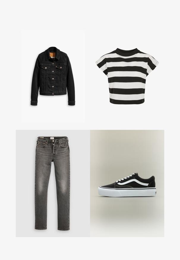 Veste en denim noir avec deux poches poitrine à l'avant, fermetures à boutons argentés et col classique. Texture lisse avec des détails de couture contrastants.; Haut court rayé noir et blanc avec un col rond et des manches courtes, en coton doux.; Jean en denim gris avec une coupe droite, texture usée, décoloration subtile, rivets en cuivre et une fermeture à bouton classique.; Baskets basses noires avec bande blanche latérale, lacets blancs, semelle en caoutchouc blanche et bout texturé sur fond neutre.