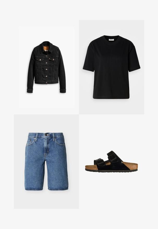 Schwarze Jeansjacke mit zwei Brusttaschen, silbernen Knopfverschlüssen und einem klassischen Kragen. Glatte Textur mit kontrastierenden Nähten.; Schwarzes Baumwoll-T-Shirt mit kurzen Ärmeln, Rundhalsausschnitt und lockerer Passform. Glatte Textur und minimalistisches Design ohne sichtbare Muster oder Akzente.; Blaue Denim-Shorts kniehoch mit vorderem Knopf und Reißverschluss, Vordertaschen und Gürtelschlaufen auf hellem einfarbigem Hintergrund.; Schwarze Lackledersandalen mit zwei verstellbaren Riemen, Korkfußbett und Gummisohle, die eine glatte Struktur und ein minimalistisches Design aufweisen.