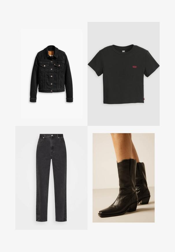 Sort denimjakke med to brystlommer, sølvknap-lukninger og klassisk krave. Glat tekstur med kontrasterende syningsdetaljer.; Sort Levi's cropped t-shirt med korte ærmer, rund halsudskæring og lille rødt Levi's-logo på venstre bryst.; Sorte denim jeans med lige ben, høj talje, foran knap og lynlås, samt fem-lomme stil på en hvid baggrund.; Sorte midterska læder cowboystøvler med spidse tæer og blokhæle, båret på bare ben mod en neutral baggrund.