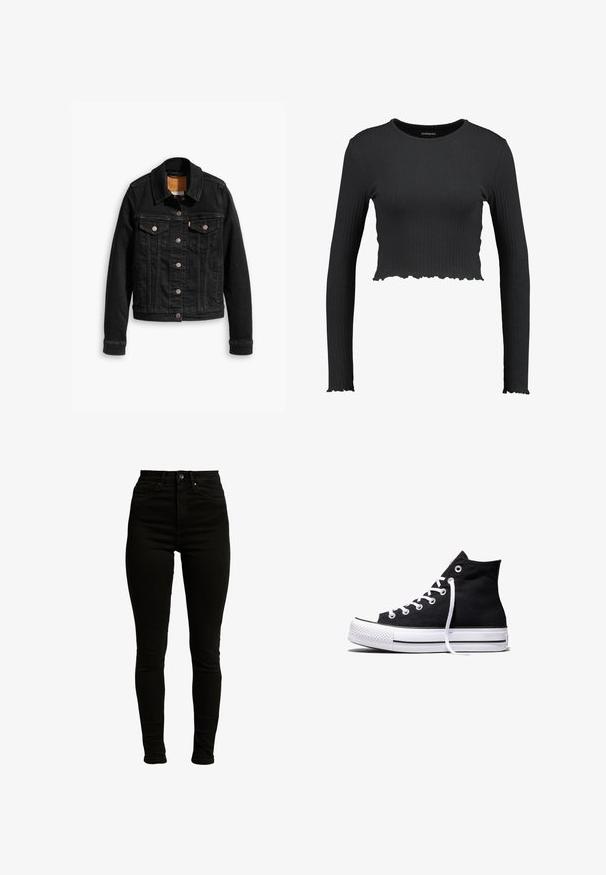 Veste en denim noir avec deux poches poitrine à l'avant, fermetures à boutons argentés et col classique. Texture lisse avec des détails de couture contrastants.; Crop top noir à manches longues côtelé avec un col rond et un ourlet ondulé. Fabriqué dans un matériau extensible pour un look ajusté.; Jeans skinny noirs taille haute en denim légèrement extensible, avec une fermeture éclair, un bouton unique et un design à cinq poches.; Baskets montantes en toile noire avec semelle en caoutchouc blanche et lacets blancs, vues de côté sur un fond blanc.