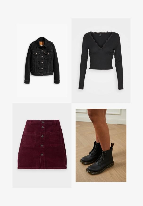 Sort denimjakke med to brystlommer, sølvknap-lukninger og klassisk krave. Glat tekstur med kontrasterende syningsdetaljer.; ONLY ONLTALIA - Langærmet T-shirt - black; Burgunderfarvet kordfløjlsskjorte med høj talje, fem frontknapper og to forlommer; tekstureret stof med lodret ribbede mønster.; Sorte læder ankelstøvler med lynlås og snøredesign, der har gule stikninger og en tyk, struktureret sål.