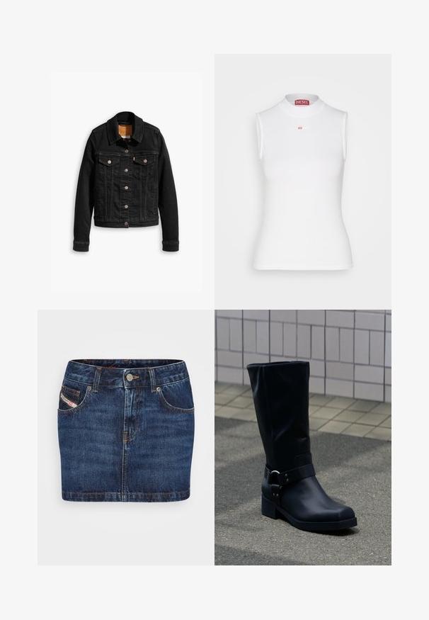 Veste en denim noir avec deux poches poitrine à l'avant, fermetures à boutons argentés et col classique. Texture lisse avec des détails de couture contrastants.; Haut sans manches blanc avec un col épais côtelé, arborant un petit logo Diesel rouge à l'avant. Fabriqué en matériau ajusté et extensible.; Jupe en denim bleu foncé avec une coupe ajustée, cinq poches et des coutures orange. Inclut un système de fermeture à bouton métallique à la taille.; Botte en cuir noire mi-mollet avec un petit talon bloc et une bride décorative avec boucle métallique autour de la cheville, sur un trottoir carrelé.