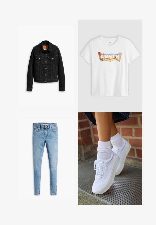 Sort denimjakke med to brystlommer, sølvknap-lukninger og klassisk krave. Glat tekstur med kontrasterende syningsdetaljer.; Hvid Levi's t-shirt med ørkenlandskab og plantegrafik inde i mærkets batwing-logo over brystet.; Lyseblå super skinny jeans med frontknap og lynlås, bæltestropper og fem lommers design.; Hvide lærreds sneakers med gummisåler, der har seks snørehuller, rund tå og let sømdetaljer, krydret med hvide ankelstrømper.