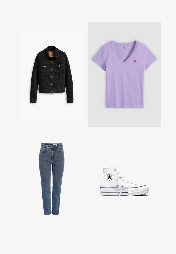 Zwarte denimjack met twee voorzakken op de borst, zilveren knoopsluitingen en een klassieke kraag. Soepele textuur met contrasterende stikdetails.; Lila T-shirt met korte mouwen en V-hals met een kleine rode Levi's-logo patch op de linkerbovenkant, weergegeven op een witte achtergrond.; Blauwe spijkerbroek met hoge taille, voorzakken, riemlussen, knoopsluiting en een rechte pijp, afgebeeld tegen een witte achtergrond.; Witte hoge Converse Chuck Taylor All Star sneaker met zwart logopatch en witte veters, weergegeven op een witte achtergrond.