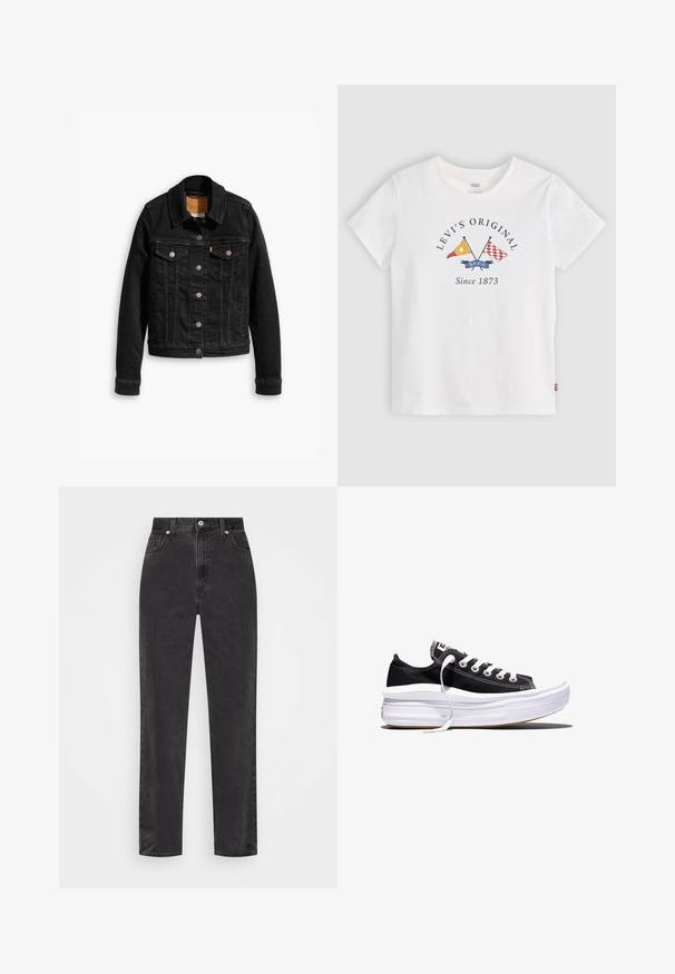 Zwarte denimjack met twee voorzakken op de borst, zilveren knoopsluitingen en een klassieke kraag. Soepele textuur met contrasterende stikdetails.; Wit Levi's T-shirt met korte mouwen, gekruiste gele en rode vlaggen en tekst "Levi's Original Since 1873" voor midden.; Zwarte denim jeans met rechte pijpen en hoge taille, met een knoop en rits aan de voorkant en vijf zakken, op een witte achtergrond.; Zwarte lage canvas sneaker met witte veters en dikke, meerlagige witte rubberen zool tegen een witte achtergrond.