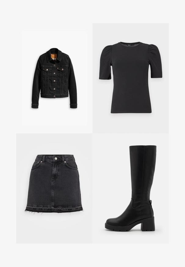 Zwarte denimjack met twee voorzakken op de borst, zilveren knoopsluitingen en een klassieke kraag. Soepele textuur met contrasterende stikdetails.; Zwart kort mouwen shirt van katoen, met een ronde halslijn en pofmouwen. Gladde textuur met een aansluitend ontwerp.; Zwart denim mini-jurk met een rechte silhouet, voorzien van voorzakken, metalen knoopsluiting en een rafelige zoom.; Even&Odd Plateaulaarzen - black