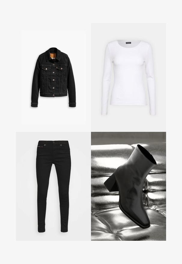 Veste en denim noir avec deux poches poitrine à l'avant, fermetures à boutons argentés et col classique. Texture lisse avec des détails de couture contrastants.; T-shirt à manches longues blanc côtelé avec un col rond. Fabriqué en un tissu extensible qui épouse le corps. Présente de fines lignes horizontales.; Jeans slim-fit noirs avec cinq poches et fermeture à bouton, présentés sur un fond blanc.; Botte noire à la cheville en matériau brillant avec un bout carré et un talon effilé, sur un fond argenté brillant et capitonné.