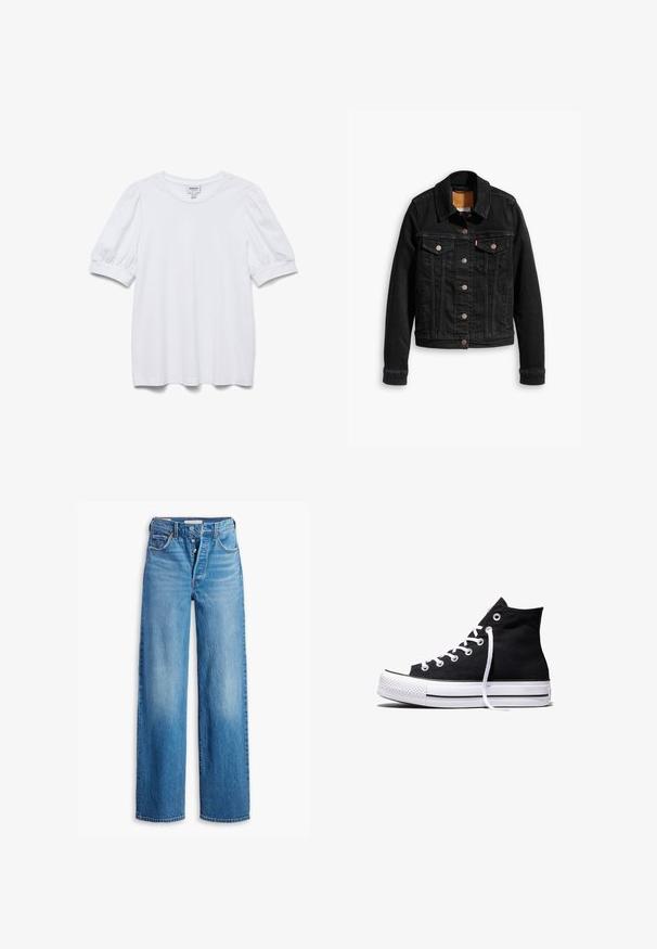 Schwarze Jeansjacke mit zwei Brusttaschen, silbernen Knopfverschlüssen und einem klassischen Kragen. Glatte Textur mit kontrastierenden Nähten.; Weißes Kurzarmoberteil mit rundem Ausschnitt und Puffärmeln. Aus glattem Stoff gefertigt, mit einem Etikett "AWARE."; Blaue Denim-Jeans mit hoher Taille, weitem Bein-Design und Fünf-Taschen-Stil. Sie verfügen über einen Knopfverschluss und ein verwaschenes Finish.; Schwarzer High-Top-Canvas-Sneaker mit weißer Gummisohle und weißen Schnürsenkeln, seitlich dargestellt vor weißem Hintergrund.