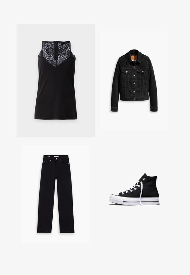Sort denimjakke med to brystlommer, sølvknap-lukninger og klassisk krave. Glat tekstur med kontrasterende syningsdetaljer.; Sort tanktop med blondeoverlay ved udskæringen, med et V-formet design og en lynlås i ryggen. Glat stoftekstur.; Sorte denim jeans med lige pasform, fem lommer, kobberdetaljer og en glat tekstur. To mærker synlige på taljebåndet.; Sort high-top canvas sneaker med hvid gummisål og hvide snørebånd, vist fra siden mod en hvid baggrund.