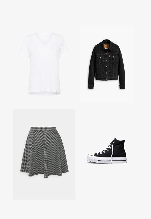 Veste en denim noir avec deux poches poitrine à l'avant, fermetures à boutons argentés et col classique. Texture lisse avec des détails de couture contrastants.; T-shirt blanc à manches courtes avec un col en V, en tissu doux, doté d'une coupe décontractée et d'un ourlet droit avec des détails de couture minimaux.; Jupe patineuse à carreaux noir et blanc avec une taille ajustée et un ourlet évasé, fabriquée en tissu texturé affichant un motif classique.; Baskets montantes en toile noire avec semelle en caoutchouc blanche et lacets blancs, vues de côté sur un fond blanc.