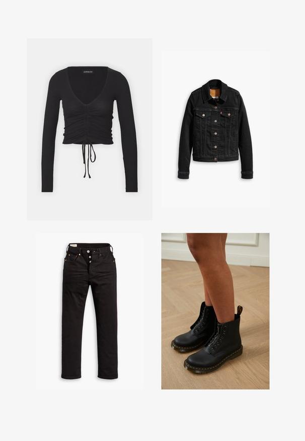 Veste en denim noir avec deux poches poitrine à l'avant, fermetures à boutons argentés et col classique. Texture lisse avec des détails de couture contrastants.; Top court à manches longues noir avec des côtes, présentant un décolleté en V profond, des détails froncés à l'avant et un lien ajustable à l'ourlet.; Jean noir à jambe droite avec fermeture à boutons, poches avant et arrière, et détails en rivets cuivrés sur fond blanc.; Bottines en cuir noir avec fermeture éclair et design à lacets, arborant des coutures jaunes et une semelle épaisse et texturée.