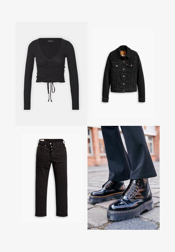 Chaqueta de denim negra con dos bolsillos en el pecho, cierres de botones plateados y un cuello clásico. Textura suave con detalles de costura en contraste.; Top corto de manga larga negro acanalado con un profundo escote en V, detalles fruncidos en la parte delantera y lazo ajustable en el dobladillo.; Vaqueros negros de pierna recta con cierre de botón, bolsillos delanteros y traseros, y detalles de remaches de cobre sobre un fondo blanco.; Botas anatómicas de charol negro con una suela de goma gruesa, cremallera lateral, herrajes dorados y detalle de costura amarilla en contraste.