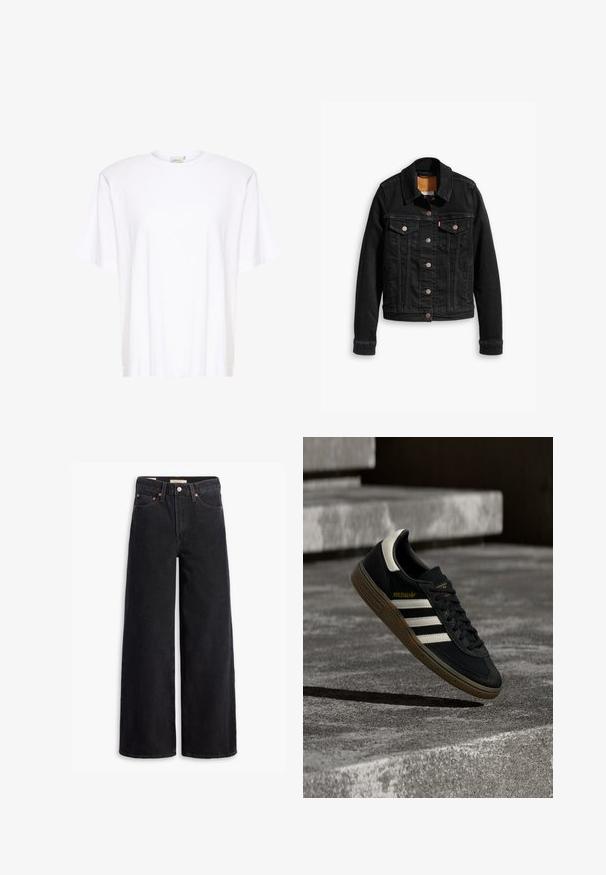Veste en denim noir avec deux poches poitrine à l'avant, fermetures à boutons argentés et col classique. Texture lisse avec des détails de couture contrastants.; Gestuz SAMURILLY - T-shirt basique - bright white; Jean noir à jambe large en denim, comportant cinq poches, des rivets en laiton et une fermeture à bouton classique. Texture lisse avec un design épuré.; Baskets Adidas noires avec des bandes blanches et une semelle en gomme flottant au-dessus d'escaliers en béton gris sous une lumière naturelle.