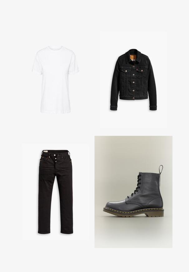 Sort denimjakke med to brystlommer, sølvknap-lukninger og klassisk krave. Glat tekstur med kontrasterende syningsdetaljer.; Hvid bomulds t-shirt med korte ærmer, rund hals og en afslappet pasform, med en glat tekstur og uden synlige mønstre.; Sorte lige jeans med knaplukning, front- og baglommer samt kobbernitte detaljer på en hvid baggrund.; Sort læderkampstøvle med 8 snørehuller, gummisål, gul syning og en træksløjfe bagpå. Har en struktureret overdel.