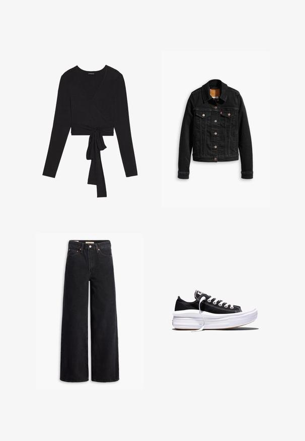 Veste en denim noir avec deux poches poitrine à l'avant, fermetures à boutons argentés et col classique. Texture lisse avec des détails de couture contrastants.; Even&Odd by Zalando T-shirt à manches longues - black; Jean noir à jambe large en denim, comportant cinq poches, des rivets en laiton et une fermeture à bouton classique. Texture lisse avec un design épuré.; Baskets basses en toile noire avec des lacets blancs et une semelle épaisse en caoutchouc blanc multi-couches sur fond blanc.