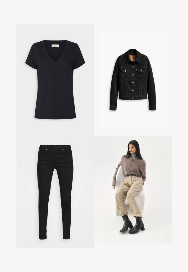 Veste en denim noir avec deux poches poitrine à l'avant, fermetures à boutons argentés et col classique. Texture lisse avec des détails de couture contrastants.; T-shirt noir à manches courtes avec col en V, ourlet droit et petite étiquette de marque à l'intérieur du col.; Jeans slim-fit noirs avec cinq poches et fermeture à bouton, présentés sur un fond blanc.; Femme aux longs cheveux noirs appuyée sur une chaise blanche courbée, portant un chemisier taupe, un pantalon beige, une ceinture noire et des bottines noires à talons.