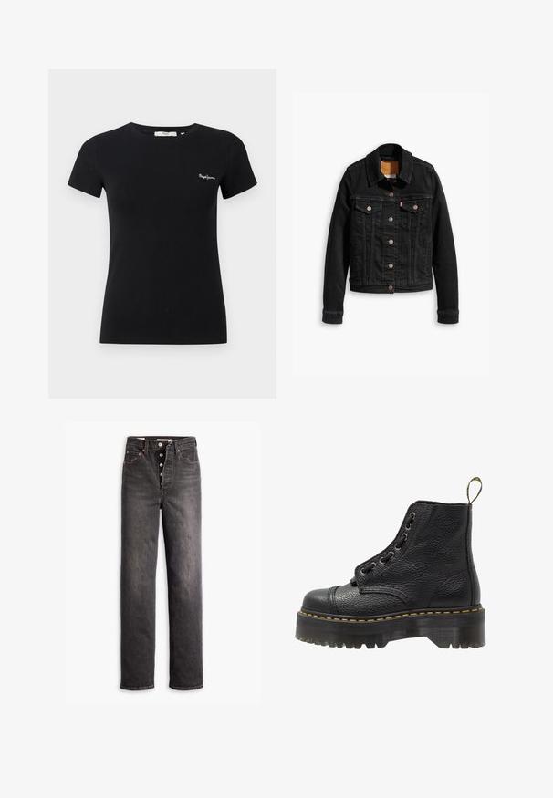 Zwarte denimjack met twee voorzakken op de borst, zilveren knoopsluitingen en een klassieke kraag. Soepele textuur met contrasterende stikdetails.; Zwart aangesloten T-shirt met korte mouwen, ronde hals en klein wit "Pepe Jeans"-logo op de linkerborst.; Zwarte high-waisted jeans met een rechtuit ontwerp, gemaakt van denim. Heeft een knoopsluiting, koperen hardware accenten en contrasterende stiksels.; Zwarte leren enkelboot met een gestructureerd oppervlak, ronde neus, vetersluiting, gele stiksels en een dikke, geribbelde zwarte plateauzool.