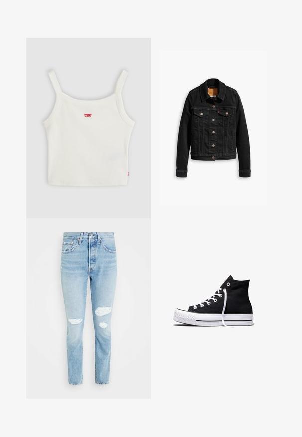 Veste en denim noir avec deux poches poitrine à l'avant, fermetures à boutons argentés et col classique. Texture lisse avec des détails de couture contrastants.; Crop top blanc côtelé avec fines bretelles et petit logo Levi's rouge au centre devant et sur la couture latérale.; Jean en denim clair usé avec une taille haute. Les caractéristiques incluent des déchirures au niveau des genoux, une coupe droite et un design classique à cinq poches.; Baskets montantes en toile noire avec semelle en caoutchouc blanche et lacets blancs, vues de côté sur un fond blanc.