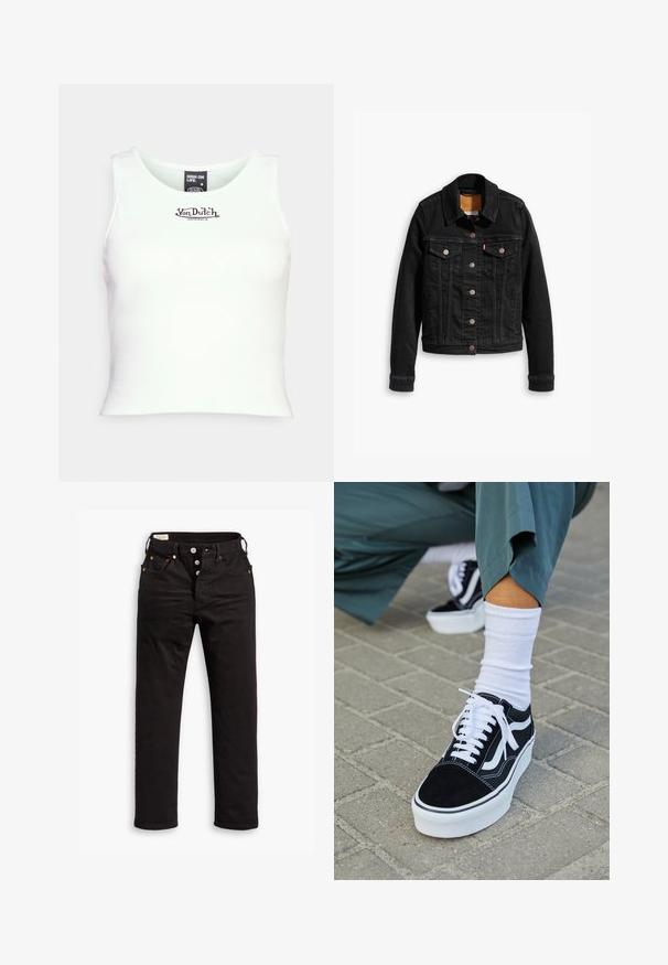 Schwarze Jeansjacke mit zwei Brusttaschen, silbernen Knopfverschlüssen und einem klassischen Kragen. Glatte Textur mit kontrastierenden Nähten.; Weißes, geripptes Croptop mit Rundhalsausschnitt und schwarzem "Von Dutch"-Logo in der Mitte. Hergestellt aus einem dehnbaren Baumwoll-Mischgewebe.; Schwarze Straight-Leg-Jeans mit Knopfverschluss, Vorder- und Gesäßtaschen sowie Kupfennieten auf einem weißen Hintergrund.; Schwarze Wildledersneaker mit weißen Akzenten und Schnürsenkeln, ausgestattet mit einer dicken weißen Sohle und kontrastierenden Nähten, kombiniert mit einer weißen Socke.