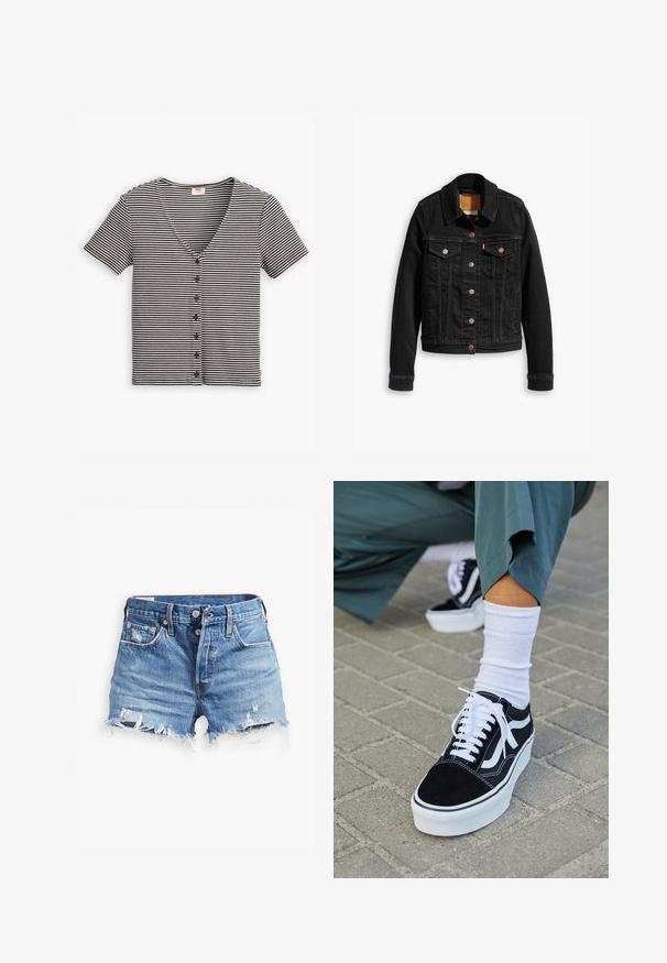 Veste en denim noir avec deux poches poitrine à l'avant, fermetures à boutons argentés et col classique. Texture lisse avec des détails de couture contrastants.; Haut à manches courtes à boutons, noir et blanc rayé, avec un décolleté en V et un tissu texturé. Présente plusieurs boutons sur le devant.; Shorts en denim bleu clair avec des bords effilochés, taille haute, fermeture à bouton et deux poches avant ; des détails usés ajoutent de la texture.; Baskets en suède noir avec des accents et des lacets blancs, présentant une épaisse semelle blanche et des coutures contrastantes, associées à une chaussette blanche.