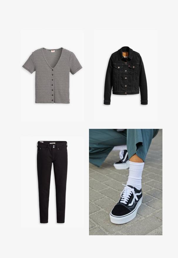 Veste en denim noir avec deux poches poitrine à l'avant, fermetures à boutons argentés et col classique. Texture lisse avec des détails de couture contrastants.; Haut à manches courtes à boutons, noir et blanc rayé, avec un décolleté en V et un tissu texturé. Présente plusieurs boutons sur le devant.; Jeans en denim noir avec une coupe slim, dotés d'une fermeture à boutons, de cinq poches et de détails de couture subtils. Texture lisse et matériau durable.; Baskets en suède noir avec des accents et des lacets blancs, présentant une épaisse semelle blanche et des coutures contrastantes, associées à une chaussette blanche.