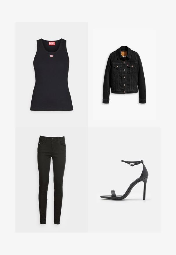 Schwarze Jeansjacke mit zwei Brusttaschen, silbernen Knopfverschlüssen und einem klassischen Kragen. Glatte Textur mit kontrastierenden Nähten.; Schwarzes Tanktop aus Baumwolle mit rundem Ausschnitt, das ein kleines rotes Logo auf der Brust und eine taillierte Passform aufweist.; Schwarze Slim-Fit-Jeans mit Fronttaschen, Gürtelschlaufen, Knopfschluss und Reißverschluss, vor einem weißen Hintergrund präsentiert.; Schwarze High Heels Sandalen mit offener Zehe, dünnen Riemen und Knöchelverschluss. Glatte Ledertextur mit spitzem Zehendesign.