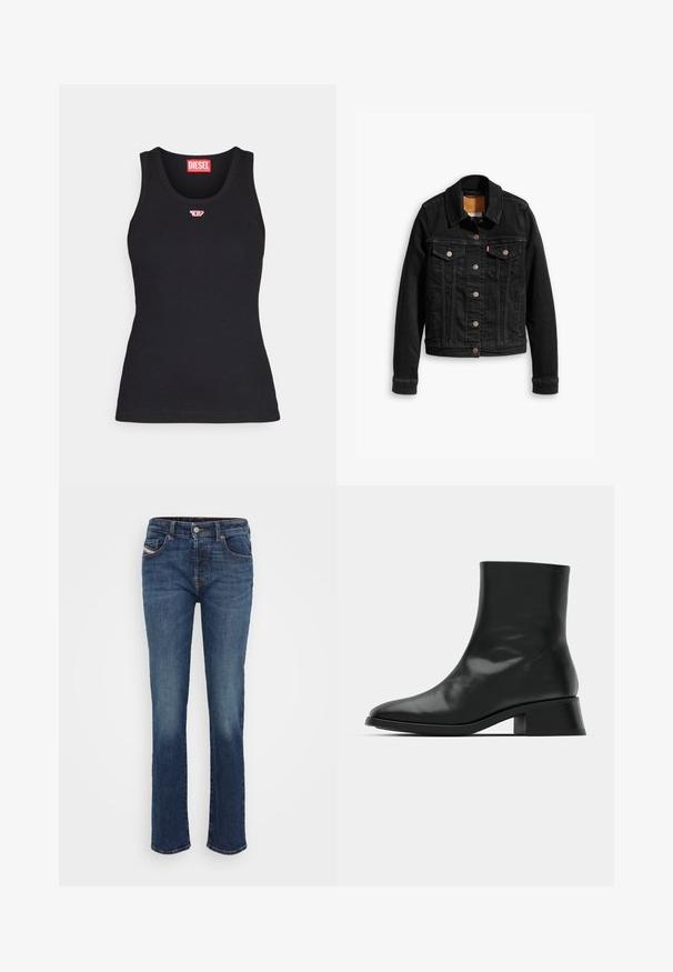 Schwarze Jeansjacke mit zwei Brusttaschen, silbernen Knopfverschlüssen und einem klassischen Kragen. Glatte Textur mit kontrastierenden Nähten.; Schwarzes Tanktop aus Baumwolle mit rundem Ausschnitt, das ein kleines rotes Logo auf der Brust und eine taillierte Passform aufweist.; Blaue Denim-Jeans mit geradem Bein, ausgestattet mit fünf Taschen, einem Knopf- und Reißverschluss sowie dezenten Nähakzenten.; Schwarze Ankle Boots aus glänzendem Leder, mit einem eleganten Design, spitzer Zehenpartie und einem moderaten Blockabsatz für Stabilität.