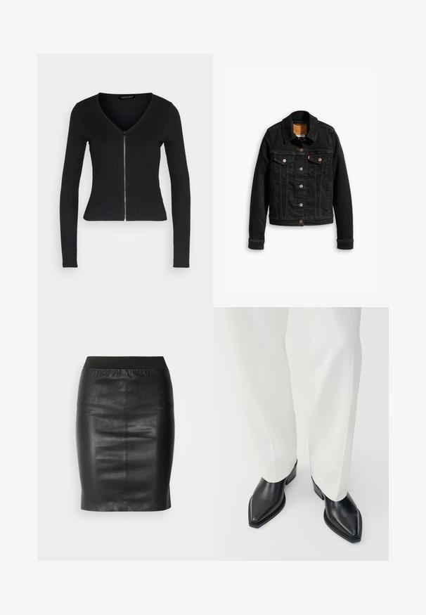 Veste en denim noir avec deux poches poitrine à l'avant, fermetures à boutons argentés et col classique. Texture lisse avec des détails de couture contrastants.; Haut noir à manches longues à côtes, avec un col en V et une fermeture éclair à l'avant. Présente un design ajusté et une texture douce.; Jupe crayon noire en cuir lisse, dotée d'une taille élastique pour une silhouette ajustée et un design minimaliste.; Bottines noires à bout pointu en cuir lisse, avec des talons bas en bloc, associées à un pantalon large blanc. Design simple et moderne.