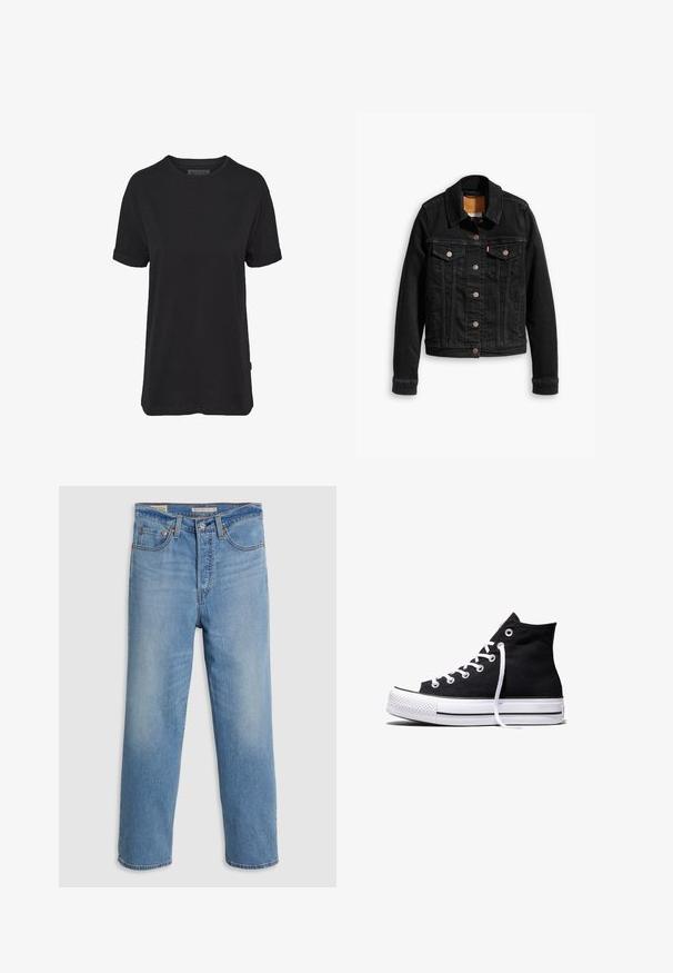 Veste en denim noir avec deux poches poitrine à l'avant, fermetures à boutons argentés et col classique. Texture lisse avec des détails de couture contrastants.; T-shirt en coton noir à manches courtes, col rond et manches retroussées ; présente une étiquette de marque subtile sur l'ourlet latéral.; Jeans en denim bleu clair à jambes droites avec poches avant, passants de ceinture et fermeture à bouton sur fond uni.; Baskets montantes en toile noire avec semelle en caoutchouc blanche et lacets blancs, vues de côté sur un fond blanc.