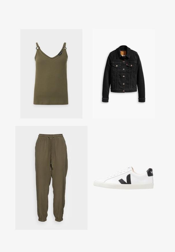 Veste en denim noir avec deux poches poitrine à l'avant, fermetures à boutons argentés et col classique. Texture lisse avec des détails de couture contrastants.; Débardeur côtelé vert kaki avec encolure en V, fines bretelles et petits anneaux métalliques reliant les bretelles au haut, présenté sur un fond uni.; ONLY ONLARIS LIFE PULL UP PANT - Pantalon classique - kalamata; Baskets blanches avec un logo V noir, présentant un dessus en cuir lisse, un bout rond, un système de laçage et un empiècement au talon noir contrastant.