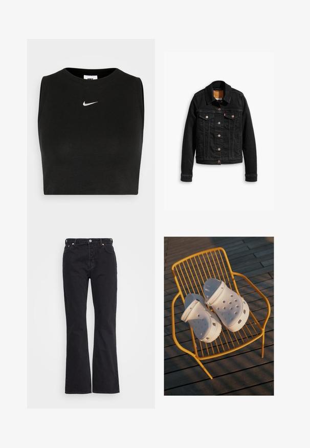 Mustmustest mustkas, millel on kaks esimest rinna taskut, hõbedased nupud ja klassikaline krae. Sujuv tekstuur kontrastsete õmbluste detailidega.; Must musteta lühikeste varrukatega crop top, valmistatud ribakanga materjalist, omab ümarat kaelaauku ja väikest valget Nike logo rinnal.; Weekday PIN - Sirgete säärtega teksad - black; Valged Crocsi kopsud on varustatud aukudega disainiga, tasaste tallade ja reguleeritavate kandekummidega, asetatuna kollasele traadi toolile puidust põrandal.