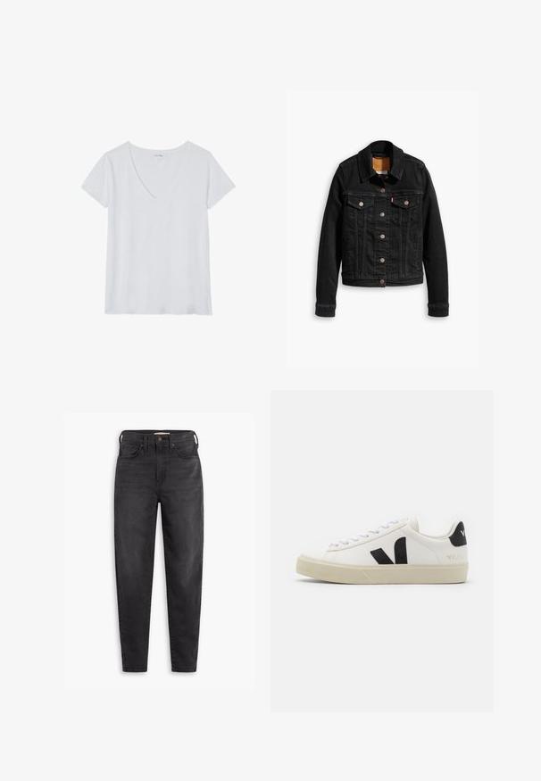 Zwarte denimjack met twee voorzakken op de borst, zilveren knoopsluitingen en een klassieke kraag. Soepele textuur met contrasterende stikdetails.; Witte V-hals t-shirt met korte mouwen, gemaakt van lichtgewicht stof, met een gladde textuur en een ontspannen pasvorm. Geen patronen of accenten.; Zwarte hoog-taille slim-fit jeans met voor- en achterzakken, knoopsluiting en riemlussen, weergegeven op een witte achtergrond.; Witte leren sneaker met zwart rubberen V-logo. Getextureerde off-white zool, witte veters en een achterkant met een detail van de merknaam in het zwart.