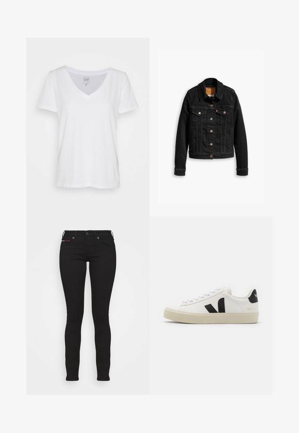 Veste en denim noir avec deux poches poitrine à l'avant, fermetures à boutons argentés et col classique. Texture lisse avec des détails de couture contrastants.; T-shirt en coton blanc à col en V, à manches courtes, avec une coupe décontractée et une étiquette près de l'encolure. Texture lisse, sans motifs ni accents.; Jeans skinny noirs en denim extensible avec cinq poches, présentant une fermeture à bouton à l'avant et un petit accent de logo rouge et blanc.; Baskets en cuir blanc avec un logo V en caoutchouc noir. Semelle texturée blanc cassé, lacets blancs et détail sur le talon arrière portant le nom de la marque en noir.