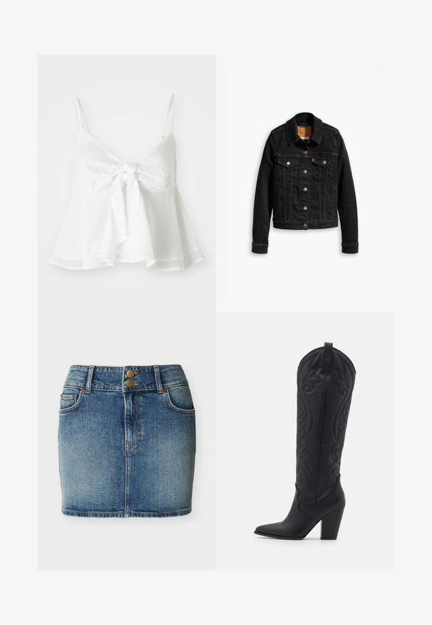 Sort denimjakke med to brystlommer, sølvknap-lukninger og klassisk krave. Glat tekstur med kontrasterende syningsdetaljer.; Hvidt linned crop top med justerbare spaghetti-stropper og en frontbinding. Har en udvidet søm for en afslappet pasform.; Blå jeans mini nederdel med forlommer, bærestropper og to messingsknapper ved taljen.; Zign LEATHER - Cowboy- / bikerstøvler - black