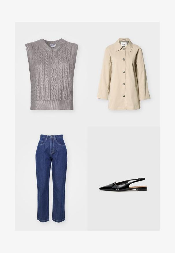 Beige trenchcoat med krave, knapper foran, to sidelommer og trekvartlange ærmer; lavet af glat stof.; Ærmeløs grå kabelstrikket sweater med V-hals, der har teksturerede mønstre, ribbet kant og et mærke med teksten "WEEKDAY" ved halsudskæringen.; Mørkeblå denim jeans med høj talje, lige ben, fem lommer og kontrastsyninger. Klassisk design med en glat tekstur.; Sorte patenterede læderslipsko med spids tå, minimalistisk design, lille hæl og sølvfarvet spænde på remmen.