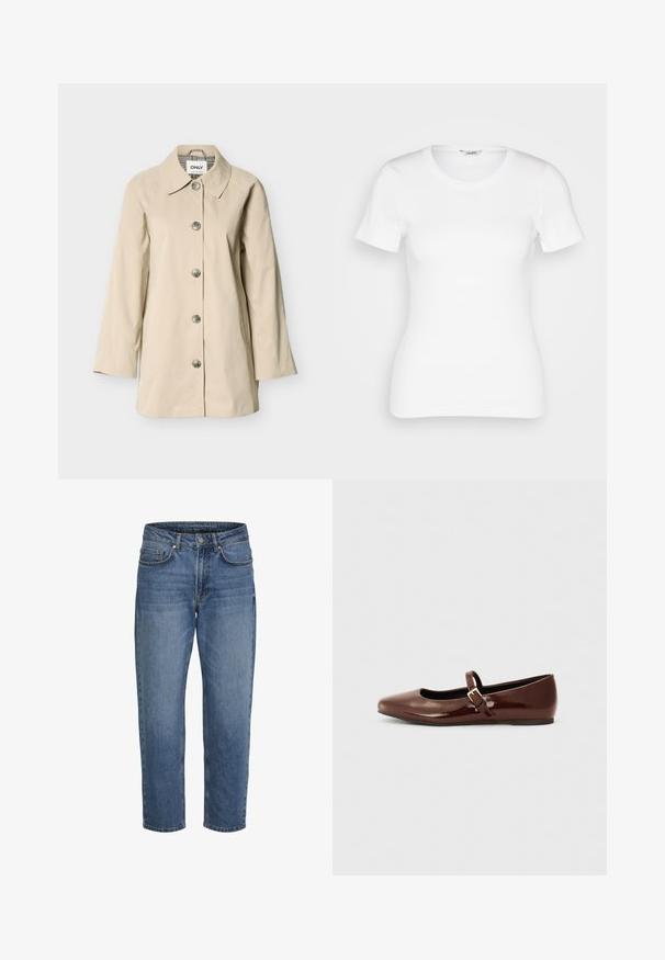 Beige trenchcoat med krave, knapper foran, to sidelommer og trekvartlange ærmer; lavet af glat stof.; Hvid bomulds T-shirt med korte ærmer, rund halsudskæring og ribbet tekstur. Tætsiddende design med en glat, ren finish.; Blå denim jeans med lige ben, forfra lukning med knap og lynlås samt lommer foran og bagpå, vist mod en hvid baggrund.; Brun patentlæder balletflade med firkantet tå og strop med en lille guldbuckle. Glat tekstur, lav hæl og minimalistisk design.