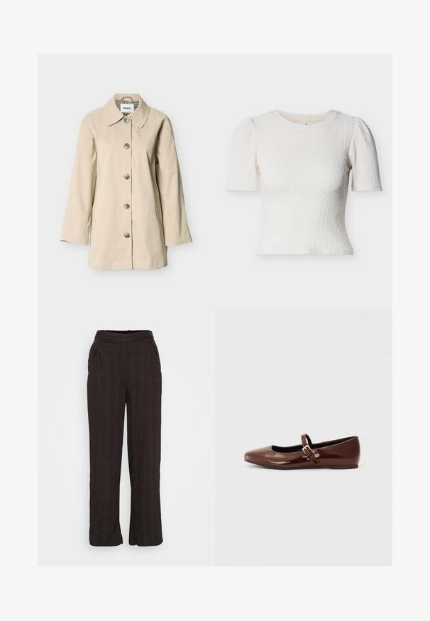 Trench-coat beige avec col à revers, boutons sur le devant, deux poches latérales et manches trois-quarts ; confectionné en tissu lisse.; Haut court crème côtelé à manches courtes avec un col rond, des manches légèrement bouffantes et un ourlet festonné. Le matériau semble texturé et léger.; Pantalons larges noirs en tissu texturé avec un design plissé. Dotés d'une ceinture élastique et de poches latérales.; Ballerine en cuir verni marron avec un bout carré et une lanière ornée d'une petite boucle dorée. Texture lisse, talon bas et design minimaliste.