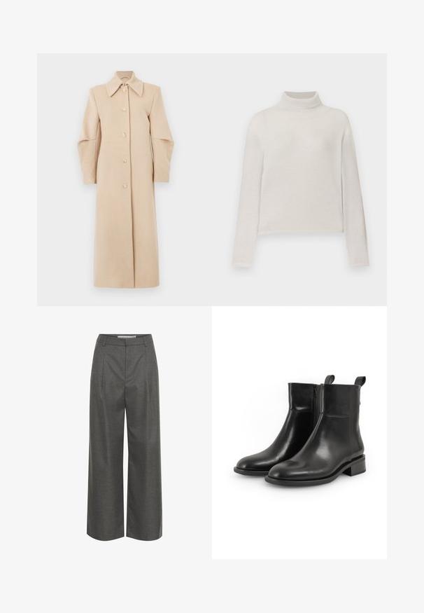 Beige uldfrakke med krave, lange ærmer og frontknapper. Har et lige design og blød tekstur, velegnet til køligere vejr.; Lys beige turtleneck sweater med ribbet tekstur, lange ærmer og en tætsiddende silhuet. Blødt materiale med en subtil glans.; Grå brede bukser lavet af struktureret stof, med høj talje og frontfolder, uden synlige lommer eller hardware detaljer.; Par sorte læderankelstøvler med sidelommer, runde tæer, lave blokhæle og træktabs bagpå, vist på en hvid baggrund.