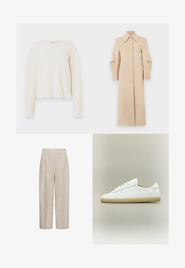 Manteau en laine beige avec un col, des manches longues et des boutons à l'avant. Il présente un design droit et une texture douce, adapté aux temps plus frais.; CLOSED CREW NECK - Pullover - ecru; Pantalon beige taille haute à jambes larges avec plis devant et passants de ceinture, fabriqué en tissu de lin texturé.; Baskets basses en cuir blanc avec semelle beige, lacets et motifs cousus subtils sur fond neutre.