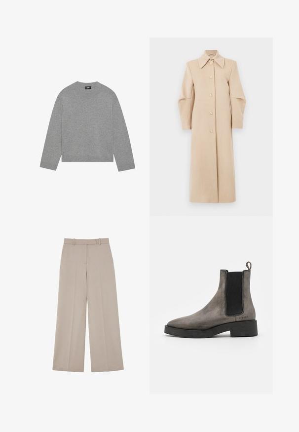 Beige uldfrakke med krave, lange ærmer og frontknapper. Har et lige design og blød tekstur, velegnet til køligere vejr.; Grå strikket sweater med lange ærmer, rund halsudskæring og ribbet kant. Fremstillet af blødt materiale, har et minimalistisk design uden mønstre.; Beige vidde bukser med skjult frontlukning og sidelommer, designet til et formelt eller business casual look.; Grå læder chelsea støvle med tekstureret finish, elastiske sidedele, hængestrop og sort gummisål. Slank, taperet design med minimale accenter.