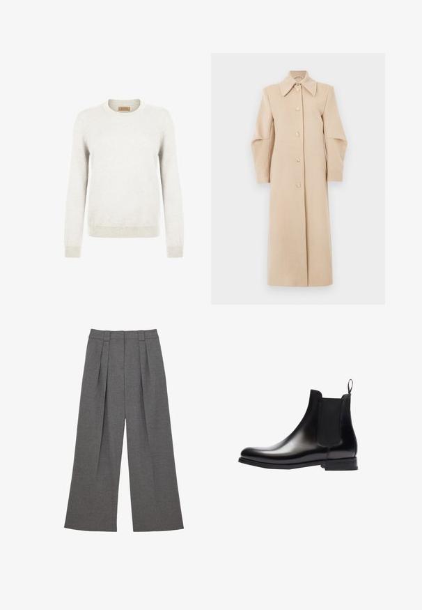 Manteau en laine beige avec un col, des manches longues et des boutons à l'avant. Il présente un design droit et une texture douce, adapté aux temps plus frais.; Pull léger gris fabriqué en tissu tricot doux, avec un col rond et des manches longues, et des poignets et un ourlet côtelés pour un effet de texture supplémentaire.; Pantalon gris taille haute à jambes larges avec plis devant et passants de ceinture, conçu pour un look tailleur et formel.; Scarosso ELENA - Boots à talons - black