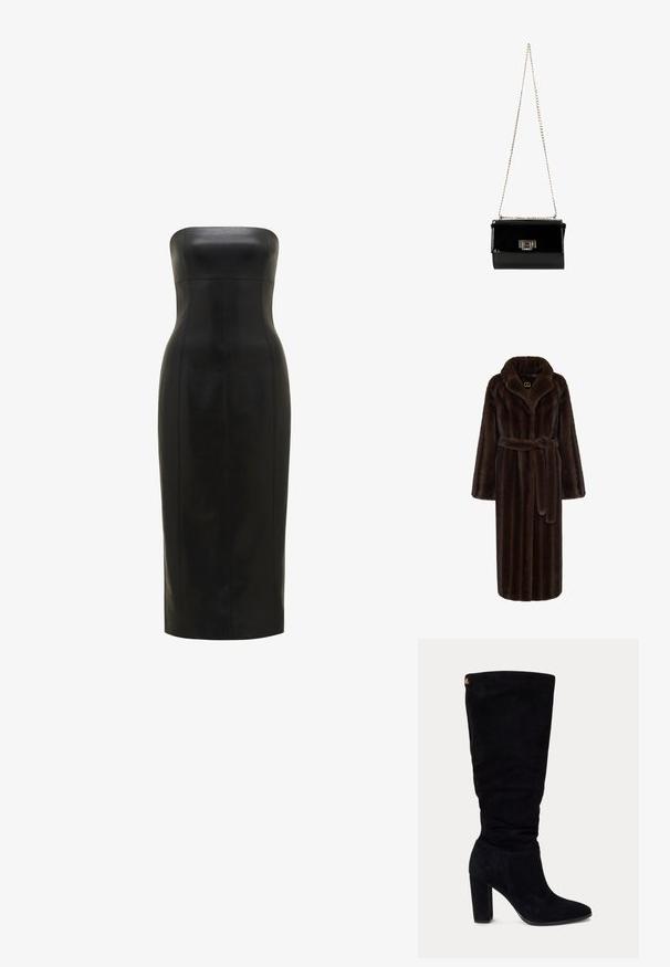 Bruine nepbont badjas met een sjawlcollar, lange mouwen, een strikceintuur in de taille en een textuur afwerking. Heeft een logolabel op de nek.; Zwarte, strapless leren jurk met een getailleerde silhoutte, knie-lang, gladde textuur en verticale naden voor definitie.; Zwarte suède dameslaars tot over de knie met blokhak en puntige neus, voorzien van een klein gouden logo label vlak bij de bovenkant aan de achterkant.; Zwarte gepatineerde leren handtas met een gouden schouderband, rechthoekige vorm, voorzien van een flapsluiting aan de voorkant en een metallic logo accent.