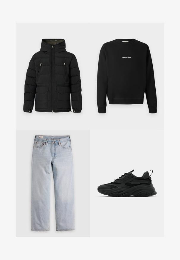 Replay CLASSIC HOODED PUFFER - Zimná bunda - black; Čierna mikina s okrúhlym výstrihom, dlhými rukávmi a elastickými manžetami, s bielym vyšitým nápisom "Original Studio" na prednej strane.; Svetlomodré rovné nohavice s vysokým pásom, zapínaním na gombík a prednými i zadnými vreckami, vystavené na rovnej ploche.; Čierne športové tenisky s mohutnou podrážkou, sieťovinovými panelmi a gumovými akcentmi. Majú pútko na päte a textúrované vzory.