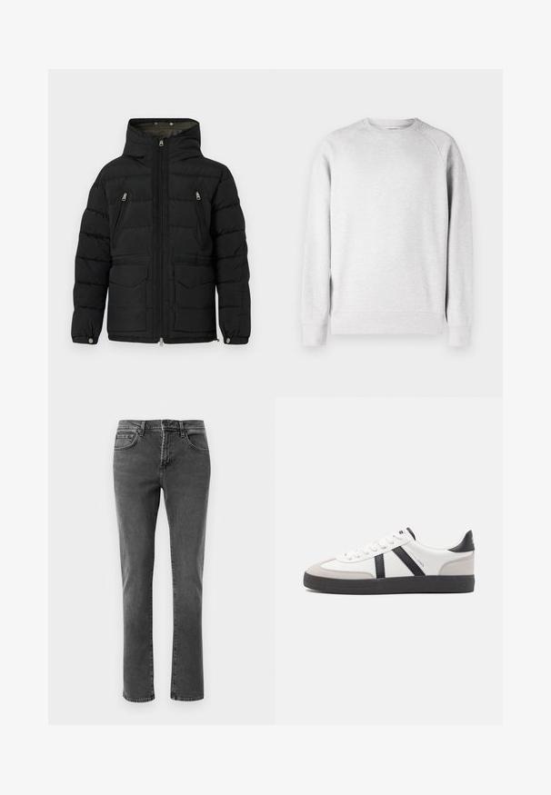 Replay CLASSIC HOODED PUFFER - Winterjacke - black; Hellegrauer Rundhalsausschnitt-Sweatshirt mit langen Ärmeln, gerippten Bündchen und Saum, vor einem weißen Hintergrund präsentiert.; Schwarze gerade geschnittene Denim-Jeans mit Vorder- und Gesäßtaschen, Reißverschluss und Knopfverschluss auf einem schlichten weißen Hintergrund.; Weiße Sneaker mit schwarz- und grau-aczenten, ausgestattet mit einer strukturierten grauen Zehenkappe, schwarzer Gummi-Sohle und flachen weißen Schnürsenkeln. Sauberes Design, minimalistische Stil.