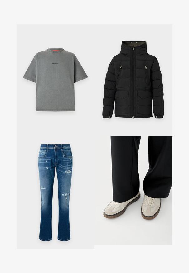 Replay CLASSIC HOODED PUFFER - Vinterjakker - black; Replay Inc. T-shirts basic - stoned grey; Blå denimjeans med lige ben, slidte detaljer, frynset lapper og klassisk fem-lomme stil.; Fødder iført beige sneakers med brune såler og sorte bukser med vide ben på hvid baggrund.