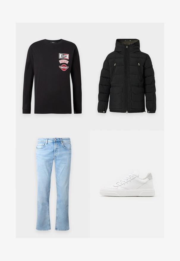 Replay CLASSIC HOODED PUFFER - Zimná bunda - black; Čierna košeľa s dlhým rukávom, na ľavom prsníku s tromi nášivkami červenej a bielej farby s nápismi "REPLAY," "SPECIALIST," a emblémom s krídlami.; Svetlomodré džínsy majú rovný strih, päť vreciek a zapínanie na gombík. Materiál je hladký s vybledlými akcentmi.; Biele kožené tenisky s hladkým povrchom, zaoblenou špičkou, plochými šnúrkami a textúrovanou podrážkou. Sivý semišový akcent na päte.
