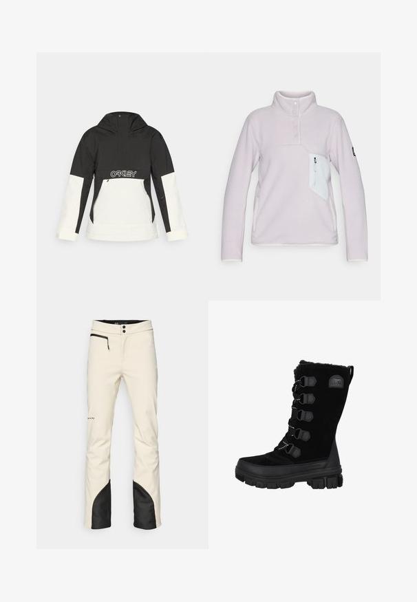 Sort og hvid jakke med hætte, der har en halvmatchende lynlås foran, lynlåslommer og et "OAKLEY"-logo på brystet. Glat tekstur.; Lyse lilla fleecepullover med høj krave, tre knapper foran og en hvid lynlåslomme på brystet. Har kontrasterende hvidt trim.; Herre skibukser i cremefarvet med sort accent ved kanten. Har en lynlåslomme, knaplukning og tapered ben. Blødt, vandafvisende materiale.; Sorte vandtætte vinterstøvler med overdel i ruskind, pelskrave og gummisål. Har snørebåndsdesign med hexagonale snørehuller og logo-patch.