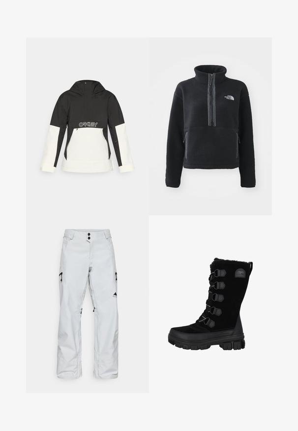 Sort og hvid jakke med hætte, der har en halvmatchende lynlås foran, lynlåslommer og et "OAKLEY"-logo på brystet. Glat tekstur.; Sort fleecepullover med høj krave, kvartlynlås, frontlomme og kontrastsyninger. Har The North Face-logo på brystet.; Hvide snebukser lavet af vandtæt materiale, med sidelommer med lynlåse, knaplukning og logo-detaljer nær kanten.; Sorte vandtætte vinterstøvler med overdel i ruskind, pelskrave og gummisål. Har snørebåndsdesign med hexagonale snørehuller og logo-patch.