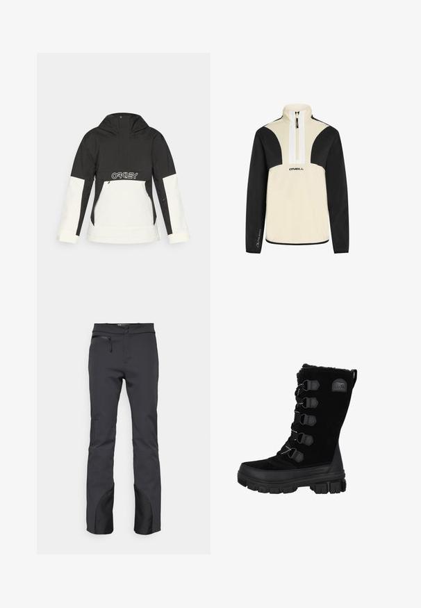 Sort og hvid jakke med hætte, der har en halvmatchende lynlås foran, lynlåslommer og et "OAKLEY"-logo på brystet. Glat tekstur.; Quarter-zip trøje i beige og sort, blødt stof, har sorte ærmer og skuldre, hvid lynlås, O’Neill-logo på forsiden.; Sorte udendørsbukser lavet af teknisk stof, med en lynlåslomme, flad talje og sorte detaljer ved nederste kant.; Sorte vandtætte vinterstøvler med overdel i ruskind, pelskrave og gummisål. Har snørebåndsdesign med hexagonale snørehuller og logo-patch.